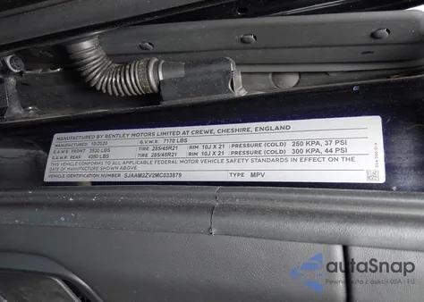 2021 Bentley Bentayga V8 z USA, uszkodzony, nr VIN SJAAM2ZV2MC033879